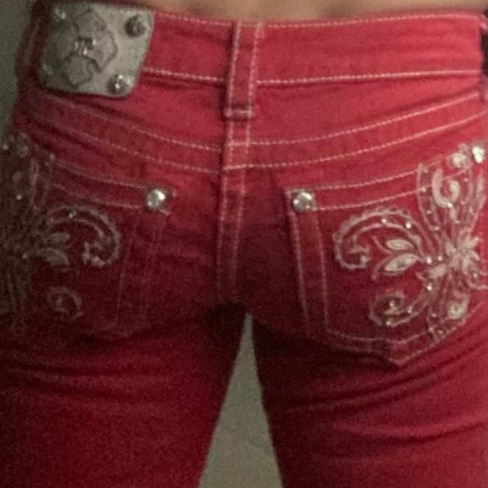 Miss Me Red Fleur De Lis Skinny Jeans Low Rise Women 26x30